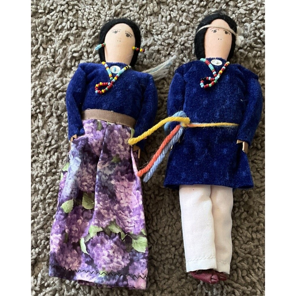 Vintage Navajo Cloth Dolls Two with Necklace Handmade COA Sadie Nez